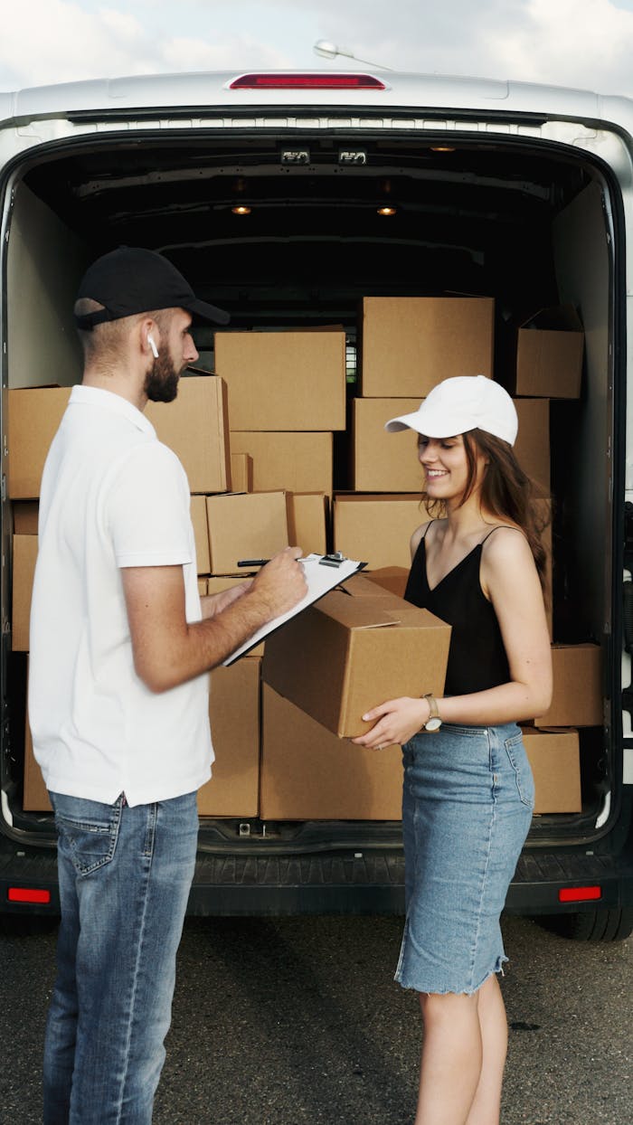 A delivery person hands a package to a woman from a van full of parcels outdoors.